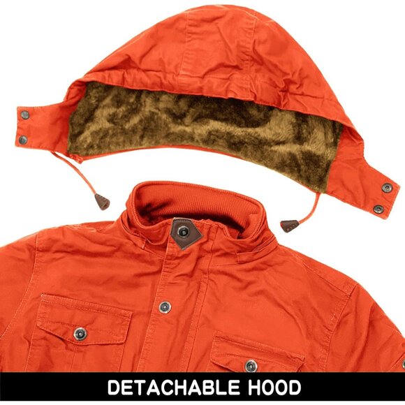 Mens Orange Thick Winter Jacket Hooded Fleece Lined Cotton Military Coat - Picture 5 of 6